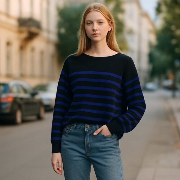 NWT ZARA  Black & Blue BASIC KNIT SWEATER Lightweight Striped Medium - Picture 1 of 12